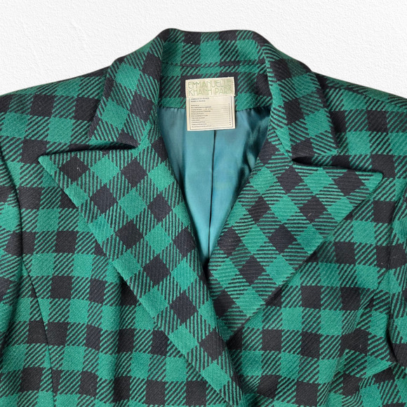 70s Vintage Emmanuelle Khanh Green Plaid Double Breasted Wool Blazer Size 10 - Picture 4 of 11